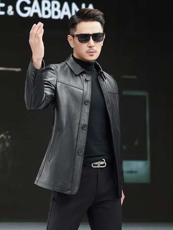 Ανδρικό γνήσιο δερμάτινο μπουφάν από μοσχαρίσιο δέρμα, πέτο γιακά, μονόμπουτον κούμπωμα, εφαρμοστό κόψιμο, πολυεστερική επένδυση