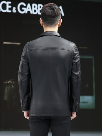 Ανδρικό γνήσιο δερμάτινο μπουφάν από μοσχαρίσιο δέρμα, πέτο γιακά, μονόμπουτον κούμπωμα, εφαρμοστό κόψιμο, πολυεστερική επένδυση