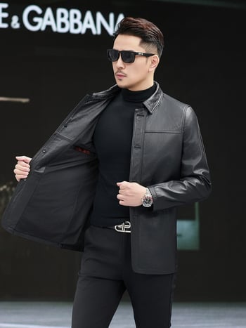 Ανδρικό γνήσιο δερμάτινο μπουφάν από μοσχαρίσιο δέρμα, πέτο γιακά, μονόμπουτον κούμπωμα, εφαρμοστό κόψιμο, πολυεστερική επένδυση