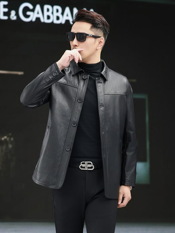 Ανδρικό γνήσιο δερμάτινο μπουφάν από μοσχαρίσιο δέρμα, πέτο γιακά, μονόμπουτον κούμπωμα, εφαρμοστό κόψιμο, πολυεστερική επένδυση