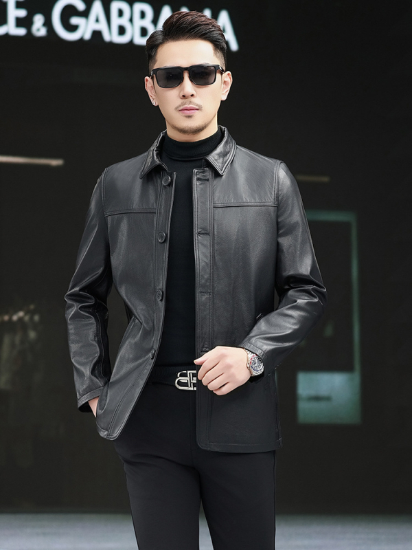 Ανδρικό γνήσιο δερμάτινο μπουφάν από μοσχαρίσιο δέρμα, πέτο γιακά, μονόμπουτον κούμπωμα, εφαρμοστό κόψιμο, πολυεστερική επένδυση