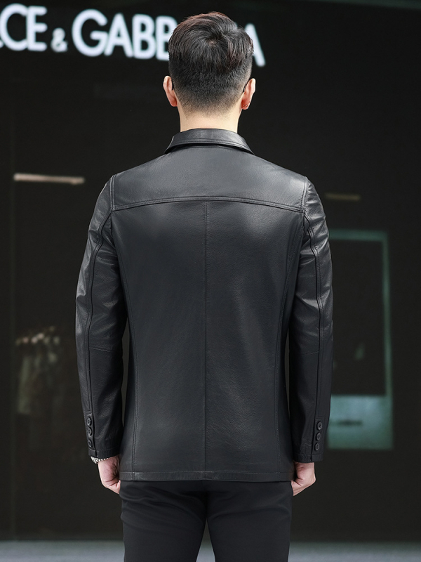 Ανδρικό γνήσιο δερμάτινο μπουφάν από μοσχαρίσιο δέρμα, πέτο γιακά, μονόμπουτον κούμπωμα, εφαρμοστό κόψιμο, πολυεστερική επένδυση