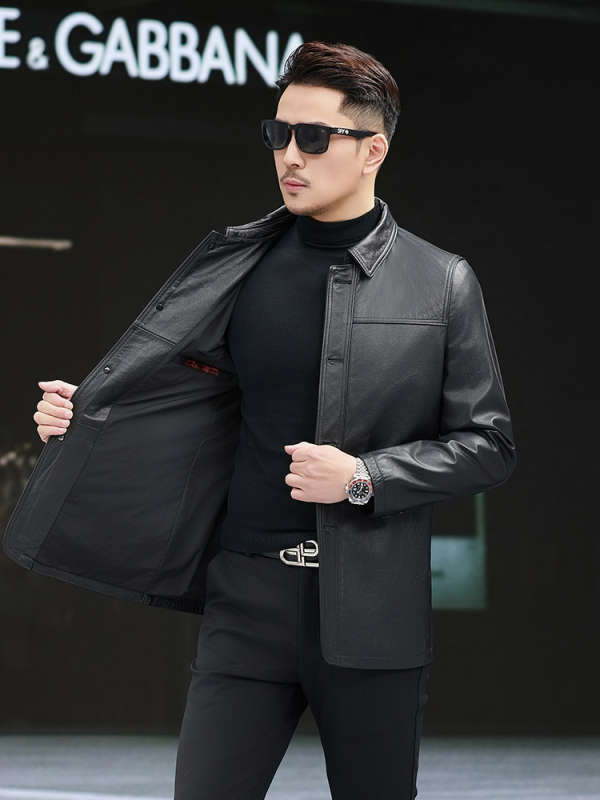 Ανδρικό γνήσιο δερμάτινο μπουφάν από μοσχαρίσιο δέρμα, πέτο γιακά, μονόμπουτον κούμπωμα, εφαρμοστό κόψιμο, πολυεστερική επένδυση