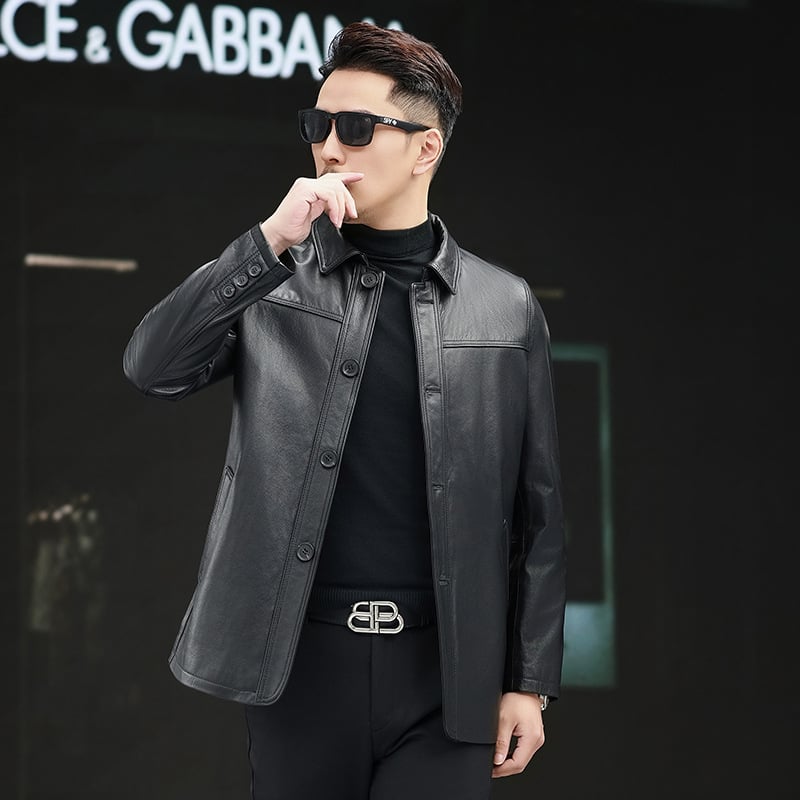 Ανδρικό γνήσιο δερμάτινο μπουφάν από μοσχαρίσιο δέρμα, πέτο γιακά, μονόμπουτον κούμπωμα, εφαρμοστό κόψιμο, πολυεστερική επένδυση
