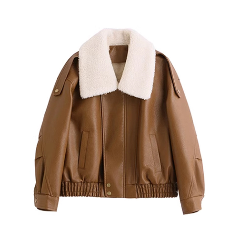 Női PU bőrkabát szőrme gallérral, cipzáras záródás, szabadabb szabású, motoros stílus, téli 2025