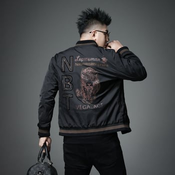 Jachetă masculină cu imprimare tigru și guler baseball, croială slim, material gros, amestec Lycra-vinylon