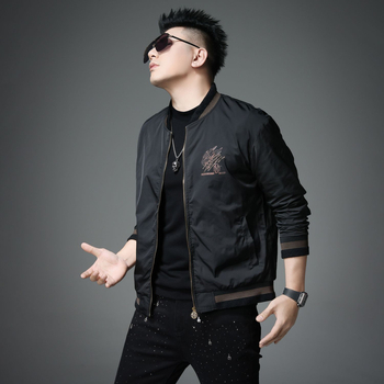 Jachetă masculină cu imprimare tigru și guler baseball, croială slim, material gros, amestec Lycra-vinylon