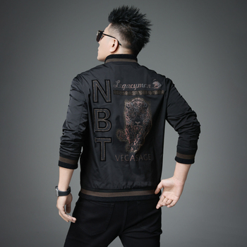 Jachetă masculină cu imprimare tigru și guler baseball, croială slim, material gros, amestec Lycra-vinylon
