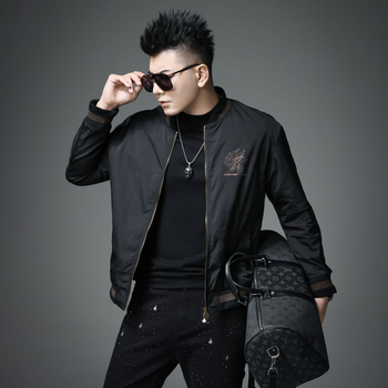 Jachetă masculină cu imprimare tigru și guler baseball, croială slim, material gros, amestec Lycra-vinylon