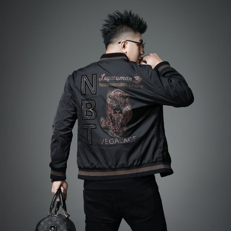 Jachetă masculină cu imprimare tigru și guler baseball, croială slim, material gros, amestec Lycra-vinylon