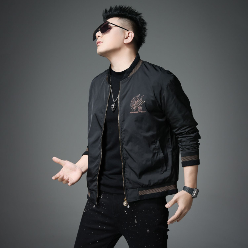 Jachetă masculină cu imprimare tigru și guler baseball, croială slim, material gros, amestec Lycra-vinylon