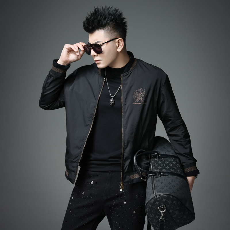 Jachetă masculină cu imprimare tigru și guler baseball, croială slim, material gros, amestec Lycra-vinylon