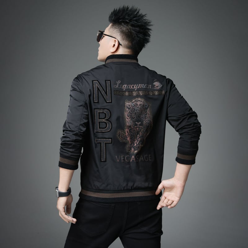 Jachetă masculină cu imprimare tigru și guler baseball, croială slim, material gros, amestec Lycra-vinylon