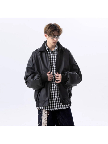 Geacă din PU pentru bărbați, croială lejeră, guler înalt, primăvară-toamnă, detalii cu fermoar