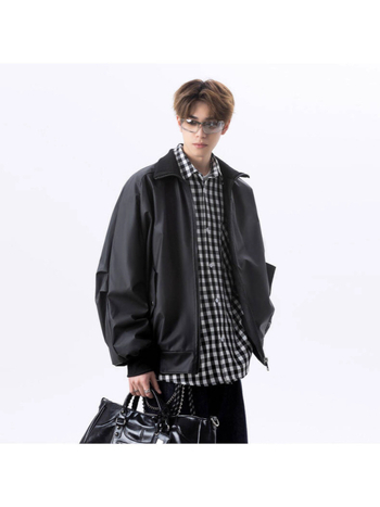 Geacă din PU pentru bărbați, croială lejeră, guler înalt, primăvară-toamnă, detalii cu fermoar