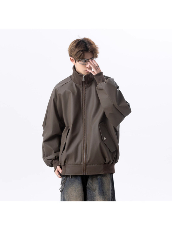 Geacă din PU pentru bărbați, croială lejeră, guler înalt, primăvară-toamnă, detalii cu fermoar