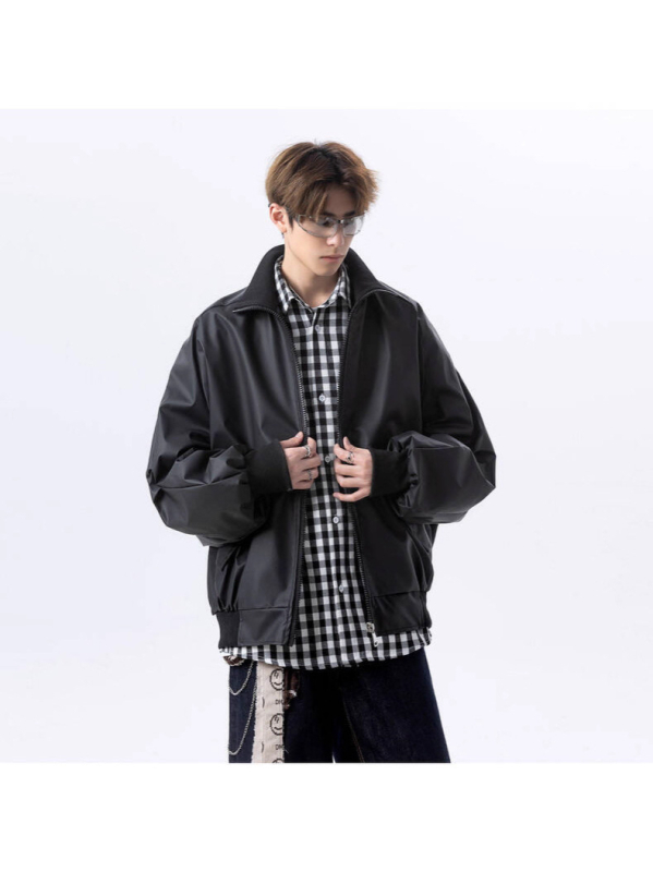 Geacă din PU pentru bărbați, croială lejeră, guler înalt, primăvară-toamnă, detalii cu fermoar