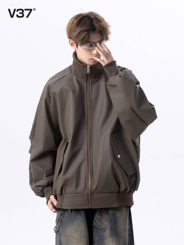 Geacă din PU pentru bărbați, croială lejeră, guler înalt, primăvară-toamnă, detalii cu fermoar