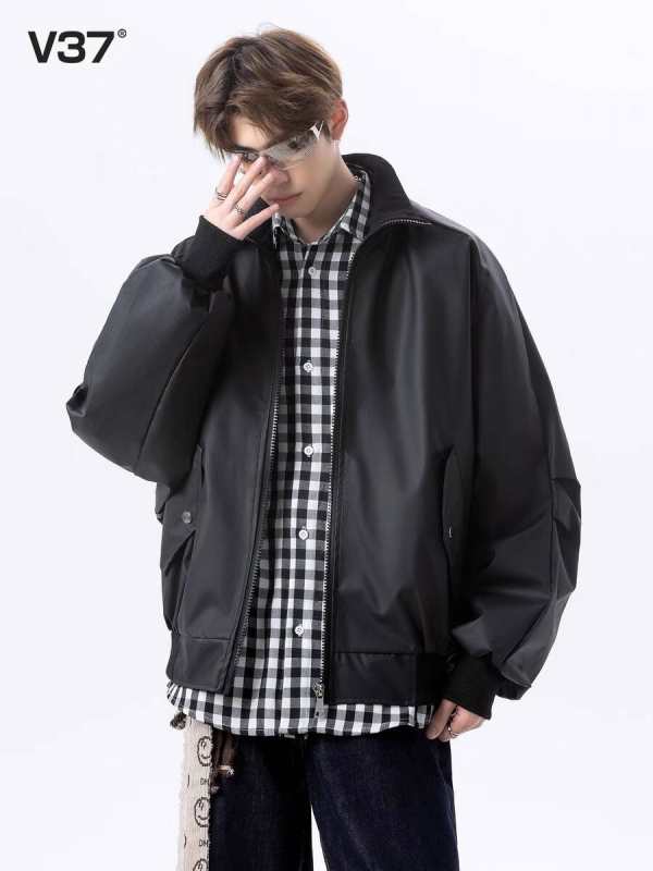 Geacă din PU pentru bărbați, croială lejeră, guler înalt, primăvară-toamnă, detalii cu fermoar