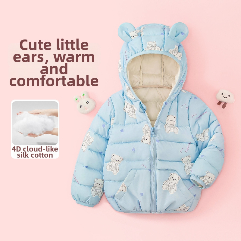 Детско яке в корейски стил, карикатурен принт, полиестерова пълнеж, без подплата, за зима и есен