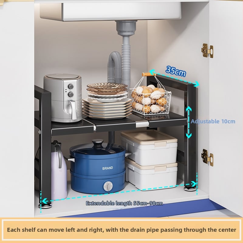 Konyhai kihúzható mosogató alatti tároló – Többfunkciós edény szervező, szekrény belső tárolás, szénacél, modern minimalista stílus