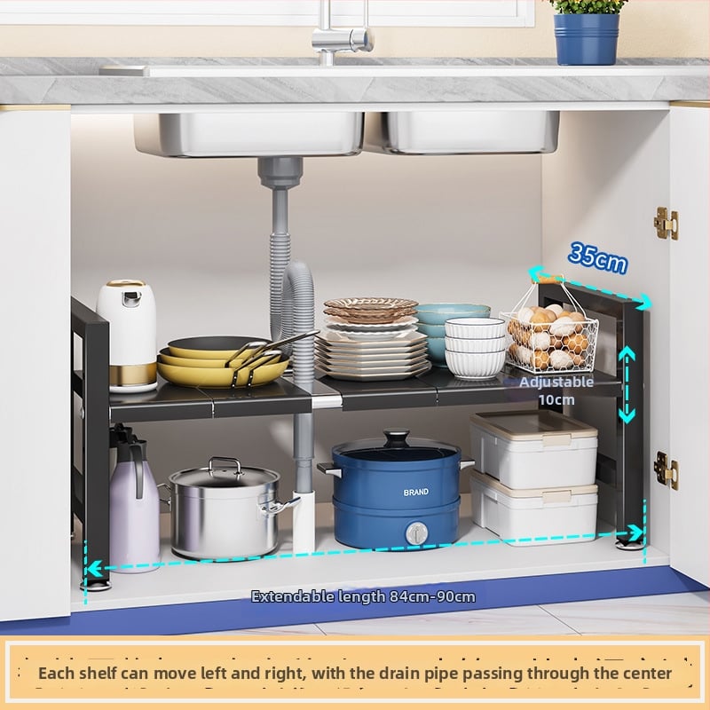Konyhai kihúzható mosogató alatti tároló – Többfunkciós edény szervező, szekrény belső tárolás, szénacél, modern minimalista stílus