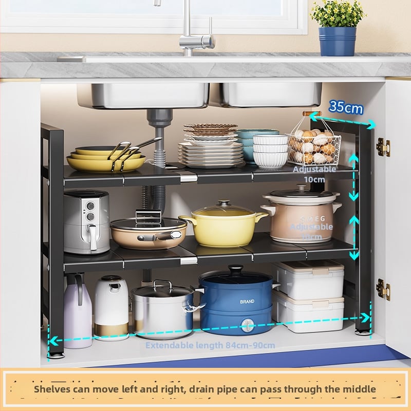 Konyhai kihúzható mosogató alatti tároló – Többfunkciós edény szervező, szekrény belső tárolás, szénacél, modern minimalista stílus