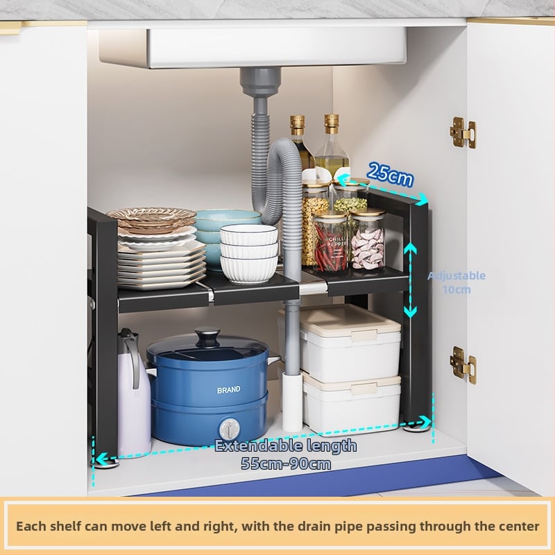 Konyhai kihúzható mosogató alatti tároló – Többfunkciós edény szervező, szekrény belső tárolás, szénacél, modern minimalista stílus