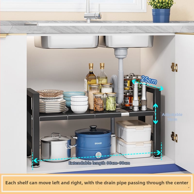 Konyhai kihúzható mosogató alatti tároló – Többfunkciós edény szervező, szekrény belső tárolás, szénacél, modern minimalista stílus