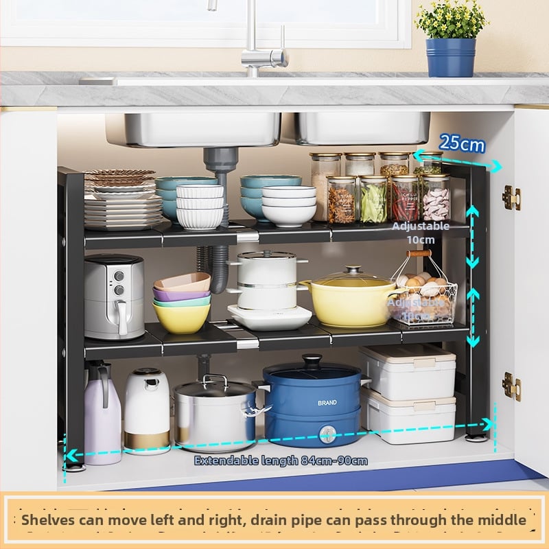 Konyhai kihúzható mosogató alatti tároló – Többfunkciós edény szervező, szekrény belső tárolás, szénacél, modern minimalista stílus