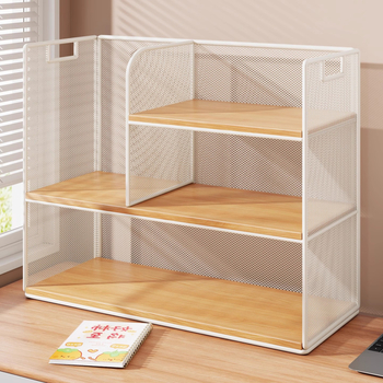 Stolový regál — viacposchodový organizér, kovový rám + drevená doska, moderný minimalistický štýl, univerzálny priestor, multifunkčný