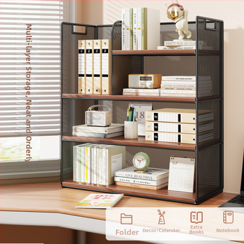 Stolový regál — viacposchodový organizér, kovový rám + drevená doska, moderný minimalistický štýl, univerzálny priestor, multifunkčný