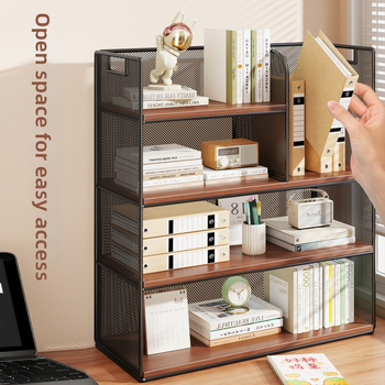 Stolový regál — viacposchodový organizér, kovový rám + drevená doska, moderný minimalistický štýl, univerzálny priestor, multifunkčný