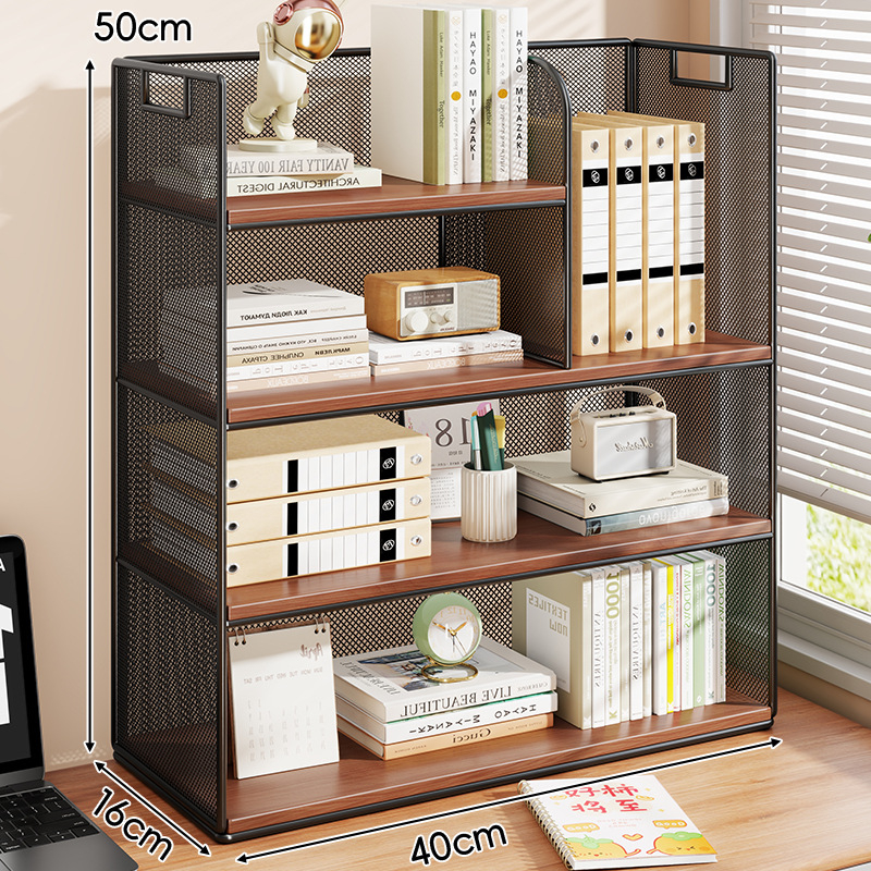 Stolový regál — viacposchodový organizér, kovový rám + drevená doska, moderný minimalistický štýl, univerzálny priestor, multifunkčný