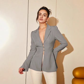 Ženski blejzer slim fit, rever, zvonasti rukavi, jednostrano kopčanje, poliester s elastanom