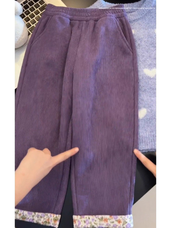 Dječje corduroy hlače s floralnim uzorkom, visoki struk s elastičnom, 10% spandex, jesen-zima
