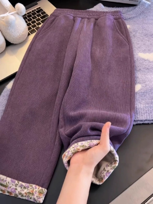 Dječje corduroy hlače s floralnim uzorkom, visoki struk s elastičnom, 10% spandex, jesen-zima