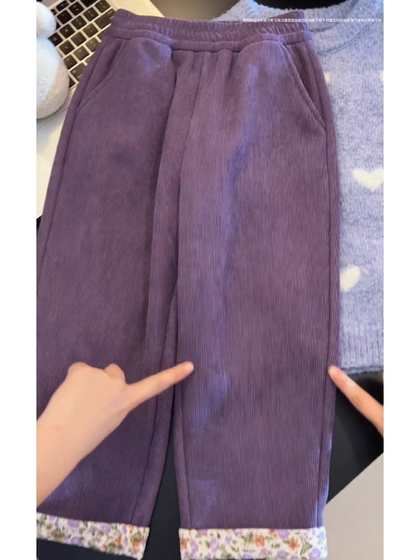 Dječje corduroy hlače s floralnim uzorkom, visoki struk s elastičnom, 10% spandex, jesen-zima