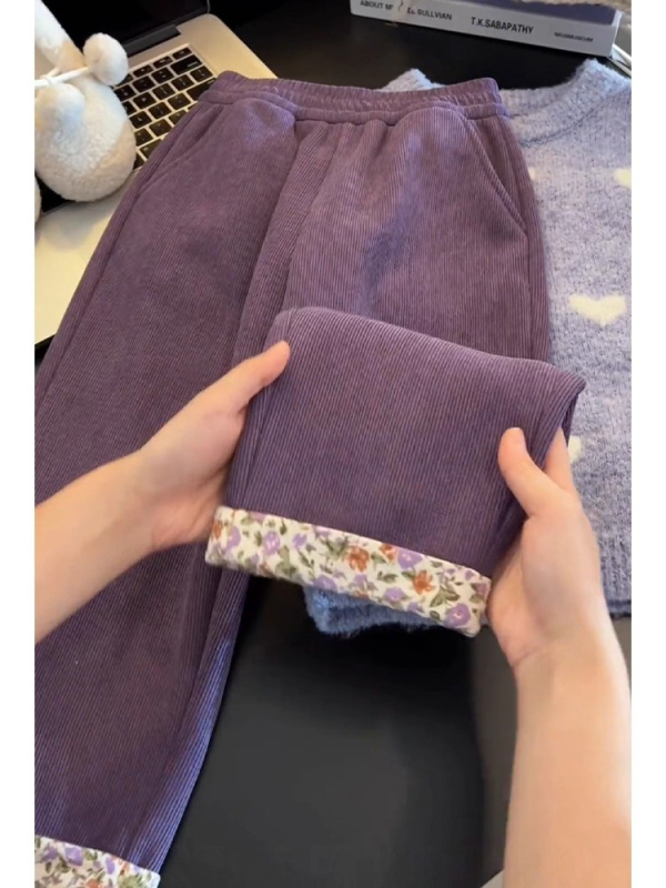 Dječje corduroy hlače s floralnim uzorkom, visoki struk s elastičnom, 10% spandex, jesen-zima