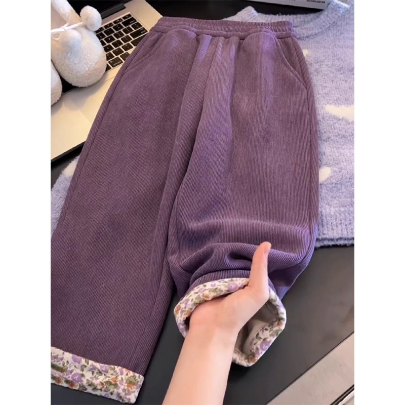 Dječje corduroy hlače s floralnim uzorkom, visoki struk s elastičnom, 10% spandex, jesen-zima