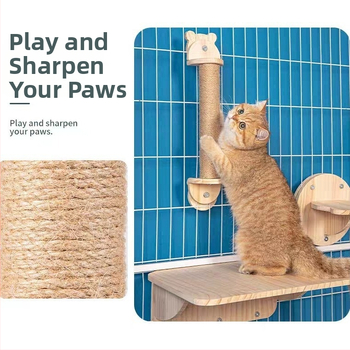Дървен стенен катерачен комплекс за котки с капсулна платформа, пространство-спестяващ дизайн, стълб за драскане и стълба, гнездо