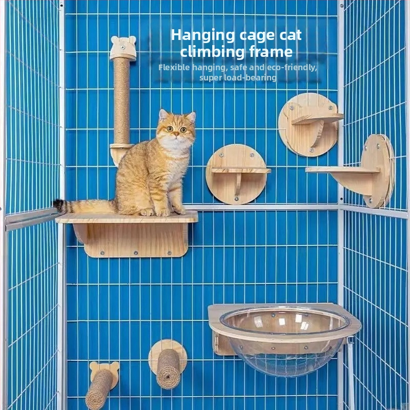 Drevený zavesený lezecký rám pre mačky s kapsulovou platformou, úsporný dizajn, škrabadlo stĺp a rebrík, hniezdo pre zajace