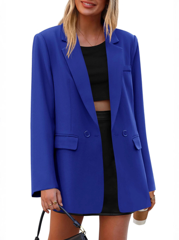 Ženski casual blejzer, slobodan kroj, uredski stil, jednoredni s dva gumba, rever, dugi rukavi, jednobojni poliester