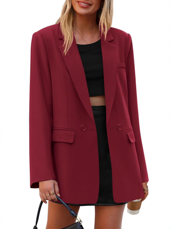 Ženski casual blejzer, slobodan kroj, uredski stil, jednoredni s dva gumba, rever, dugi rukavi, jednobojni poliester