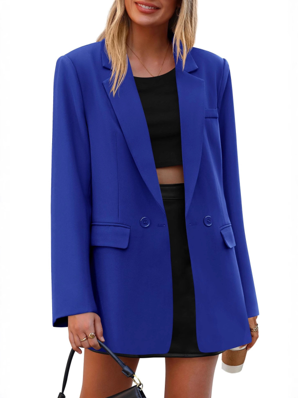 Ženski casual blejzer, slobodan kroj, uredski stil, jednoredni s dva gumba, rever, dugi rukavi, jednobojni poliester