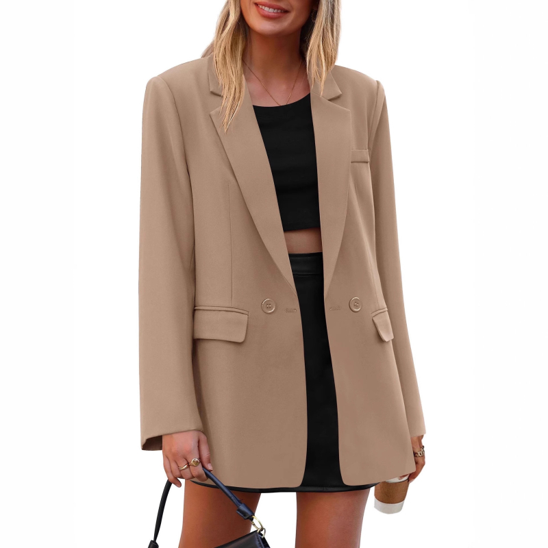 Ženski casual blejzer, slobodan kroj, uredski stil, jednoredni s dva gumba, rever, dugi rukavi, jednobojni poliester