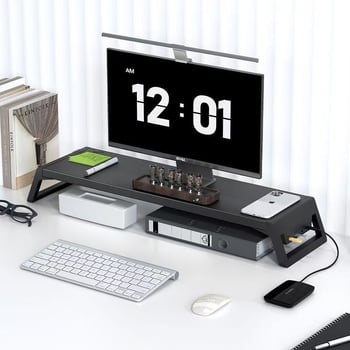 Stojan na monitor na stole s úložným priestorom – viacúčelový, prenosný, pohyblivý, bez inštalácie; materiál: doska s vysokou hustotou + plastové nohy; na stolnú dosku; jednostupňový dizajn.