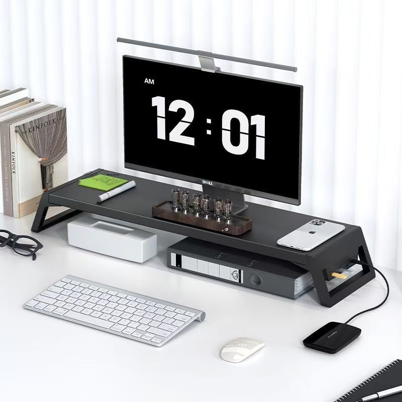 Stojan na monitor na stole s úložným priestorom – viacúčelový, prenosný, pohyblivý, bez inštalácie; materiál: doska s vysokou hustotou + plastové nohy; na stolnú dosku; jednostupňový dizajn.