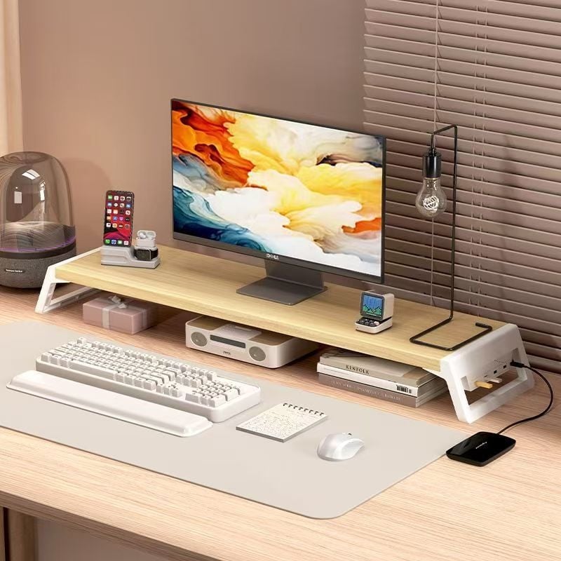 Stojan na monitor na stole s úložným priestorom – viacúčelový, prenosný, pohyblivý, bez inštalácie; materiál: doska s vysokou hustotou + plastové nohy; na stolnú dosku; jednostupňový dizajn.