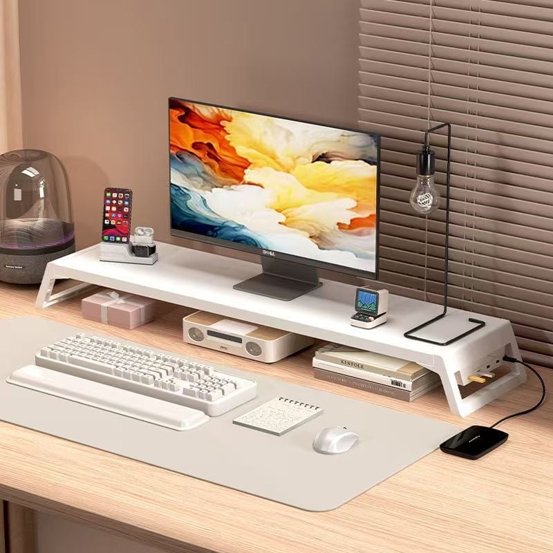 Stojan na monitor na stole s úložným priestorom – viacúčelový, prenosný, pohyblivý, bez inštalácie; materiál: doska s vysokou hustotou + plastové nohy; na stolnú dosku; jednostupňový dizajn.